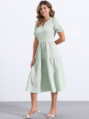 Ruffle Trim V Neck Button Decor Plaid Gingham Tiered Midi Dress