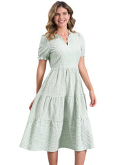 Ruffle Trim V Neck Button Decor Plaid Gingham Tiered Midi Dress