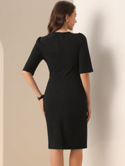 Ruched Puff Short Sleeve Work Sheath Midi Dress