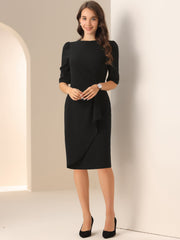 Ruched Puff Short Sleeve Work Sheath Midi Dress