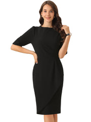 Ruched Puff Short Sleeve Work Sheath Midi Dress
