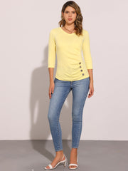 3/4 Sleeves V Neck Solid Knitted Button Decor Ruched Blouse