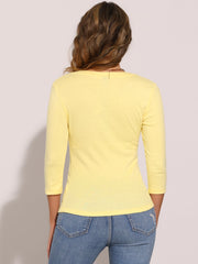 3/4 Sleeves V Neck Solid Knitted Button Decor Ruched Blouse