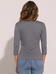 3/4 Sleeves V Neck Solid Knitted Button Decor Ruched Blouse