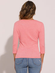 3/4 Sleeves V Neck Solid Knitted Button Decor Ruched Blouse