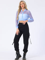 Bomber Long Sleeve Crop Mesh Sheer Zip Up Jackets