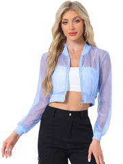 Bomber Long Sleeve Crop Mesh Sheer Zip Up Jackets