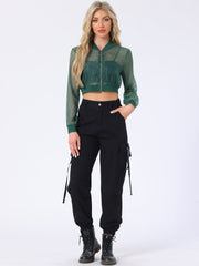 Bomber Long Sleeve Crop Mesh Sheer Zip Up Jackets