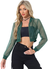 Bomber Long Sleeve Crop Mesh Sheer Zip Up Jackets