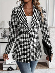 Classic Tailored Houndstooth Notched Lapel Long Sleeves Work Blazer