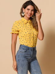 Floral Printed Peter Pan Collar Cotton Short Sleeve Shirt