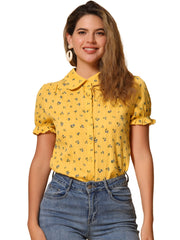 Floral Printed Peter Pan Collar Cotton Short Sleeve Shirt