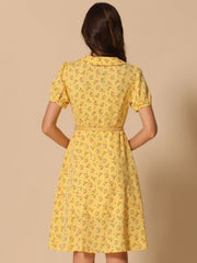 Peter Pan Collar Tie Neck Short Sleeve A-Line Belted Floral Dress