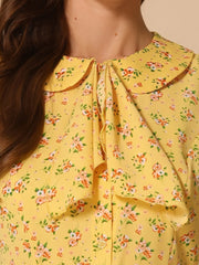 Peter Pan Collar Tie Neck Short Sleeve A-Line Belted Floral Dress