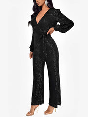 Sparkly Party Formal Deep V Neck Sequin Glitter Belted Long Sleeves Jumpsuits