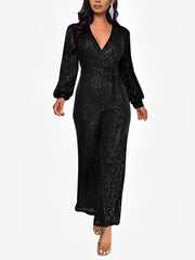 Sparkly Party Formal Deep V Neck Sequin Glitter Belted Long Sleeves Jumpsuits