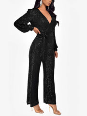 Sparkly Party Formal Deep V Neck Sequin Glitter Belted Long Sleeves Jumpsuits