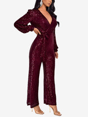 Sparkly Party Formal Deep V Neck Sequin Glitter Belted Long Sleeves Jumpsuits