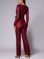 Sparkly Party Formal Deep V Neck Sequin Glitter Belted Long Sleeves Jumpsuits