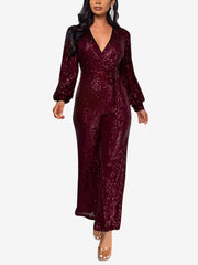 Sparkly Party Formal Deep V Neck Sequin Glitter Belted Long Sleeves Jumpsuits