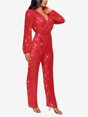 Sparkly Party Formal Deep V Neck Sequin Glitter Belted Long Sleeves Jumpsuits