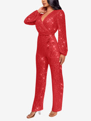 Sparkly Party Formal Deep V Neck Sequin Glitter Belted Long Sleeves Jumpsuits