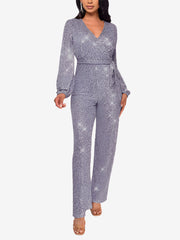 Sparkly Party Formal Deep V Neck Sequin Glitter Belted Long Sleeves Jumpsuits