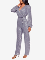 Sparkly Party Formal Deep V Neck Sequin Glitter Belted Long Sleeves Jumpsuits