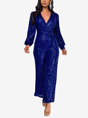 Sparkly Party Formal Deep V Neck Sequin Glitter Belted Long Sleeves Jumpsuits