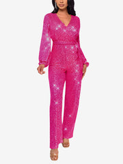 Sparkly Party Formal Deep V Neck Sequin Glitter Belted Long Sleeves Jumpsuits
