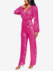 Sparkly Party Formal Deep V Neck Sequin Glitter Belted Long Sleeves Jumpsuits