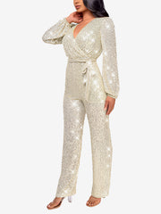 Sparkly Party Formal Deep V Neck Sequin Glitter Belted Long Sleeves Jumpsuits