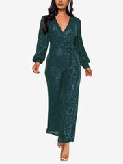 Sparkly Party Formal Deep V Neck Sequin Glitter Belted Long Sleeves Jumpsuits