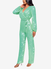 Sparkly Party Formal Deep V Neck Sequin Glitter Belted Long Sleeves Jumpsuits