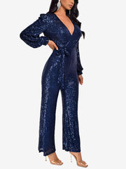 Sparkly Party Formal Deep V Neck Sequin Glitter Belted Long Sleeves Jumpsuits