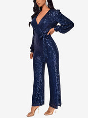 Sparkly Party Formal Deep V Neck Sequin Glitter Belted Long Sleeves Jumpsuits