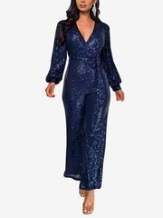 Sparkly Party Formal Deep V Neck Sequin Glitter Belted Long Sleeves Jumpsuits