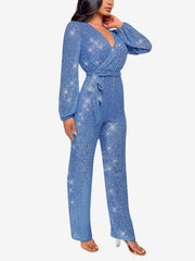 Sparkly Party Formal Deep V Neck Sequin Glitter Belted Long Sleeves Jumpsuits