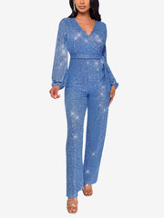 Sparkly Party Formal Deep V Neck Sequin Glitter Belted Long Sleeves Jumpsuits