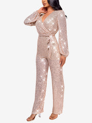 Sparkly Party Formal Deep V Neck Sequin Glitter Belted Long Sleeves Jumpsuits
