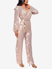 Sparkly Party Formal Deep V Neck Sequin Glitter Belted Long Sleeves Jumpsuits