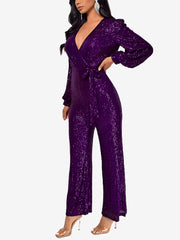 Sparkly Party Formal Deep V Neck Sequin Glitter Belted Long Sleeves Jumpsuits