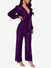 Sparkly Party Formal Deep V Neck Sequin Glitter Belted Long Sleeves Jumpsuits
