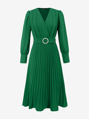 Elegant V Neck Long Sleeves Flutter Pleats Belted A-Line Midi Office Dress