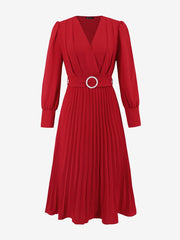 Elegant V Neck Long Sleeves Flutter Pleats Belted A-Line Midi Office Dress