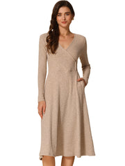 Long Sleeve Pockets A-Line Midi Ribbed Knit Dress