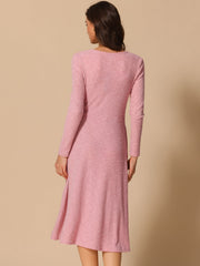 Long Sleeve Pockets A-Line Midi Ribbed Knit Dress
