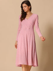 Long Sleeve Pockets A-Line Midi Ribbed Knit Dress