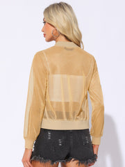 Sheer Mesh Shiny Long Sleeve See Through Zip Up Jacket
