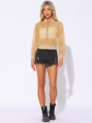 Sheer Mesh Shiny Long Sleeve See Through Zip Up Jacket